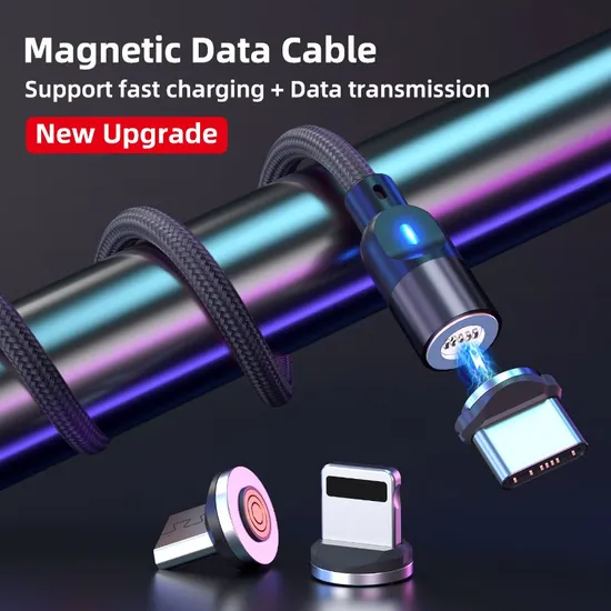 Upgraded 540 Degrees Rotating Magnetic Suction Fast Charging Cable Multifunctional USB Cable 3 in 1 with Micro/Lightning/Type-C Interface