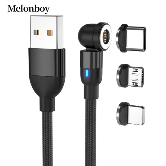 Upgraded Rotating 540 Degrees Magnetic Suction Fast Charging Cable USB Multifunctional 3 in 1 with Micro/Lightning/Type-C Interface Light Cable