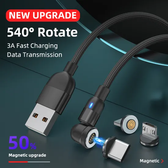 Upgraded Rotating 540 Degrees Magnetic Suction Fast Charging Cable USB Multifunctional 3 in 1 with Micro/Lightning/Type-C Interface Light Cable