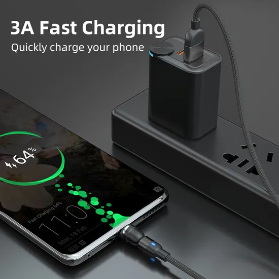 Upgraded Rotating 540 Degrees Magnetic Suction Fast Charging Cable USB Multifunctional 3 in 1 with Micro/Lightning/Type-C Interface Light Cable