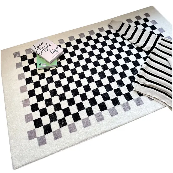 Polyester Lamb Wool Checkerboard Carpets Custom Washable Fur Rug Area Mat