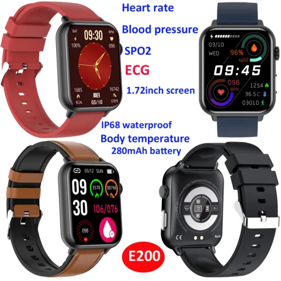 Fashion design Blood Pressure Smartwatch for Women Men ECG SPO2 heart Rate thermometer Smart Watch E200