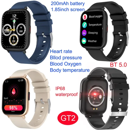 Full view 1.85inch Touch Screen SPO2 heart rate Blood pressure body temperature Smart Watch GT2