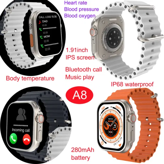 IP68 waterproof New BT Call smart watch with long battery life blood oxygen heart rate blood pressure Body temperature A8