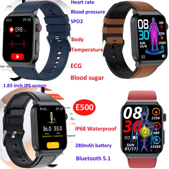 1.83 inch Square screen smart band ECG heart rate blood glucose sugar blood pressure body temperature monitor wristwatch E500