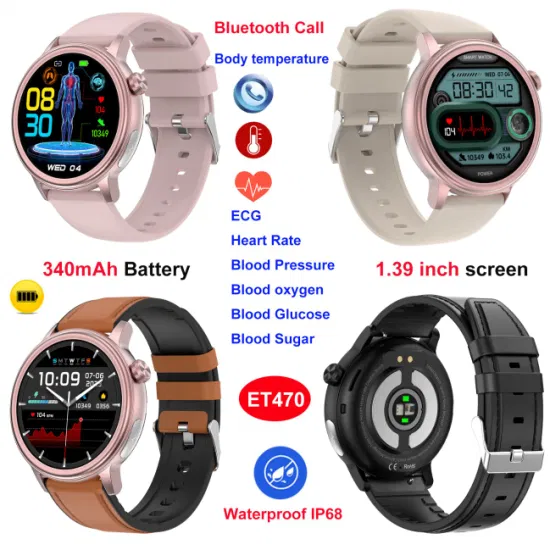 Accuracy IP68 Waterproof ECG Heart Rate Blood Pressure Blood Oyxgen Monitoring Smart watch with Bluetooth Call ET470