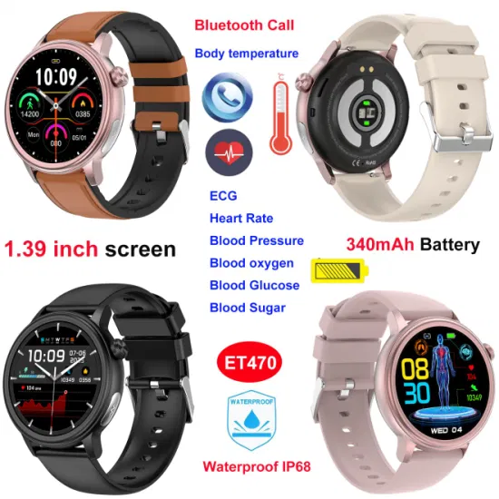 Bluetooth Call 1.39 Inch IP68 Waterproof ECG PPG Men Women Healthcare Smart Watch with Body Temperature SPO2 BP Blood Glucose Monitor ET470