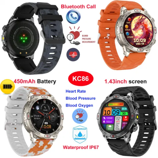 Bluetooth call Long Battery Life Outdoor Silicon Bracelet with Altitude Pressure Campass heart rate blood pressure SPO2 KC86