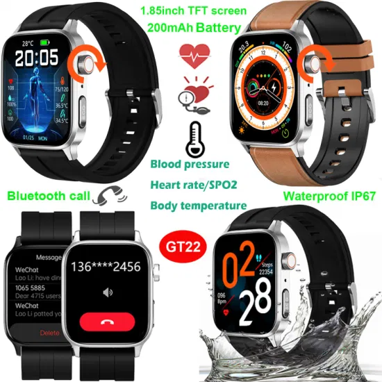 Fashion Design ECG PPG Blood Pressure Blood Glucose IP67 Waterproof Voice Call 1.85 Inch Body Temperature Bluetooth Smart Watch for Adults Health Care GT22