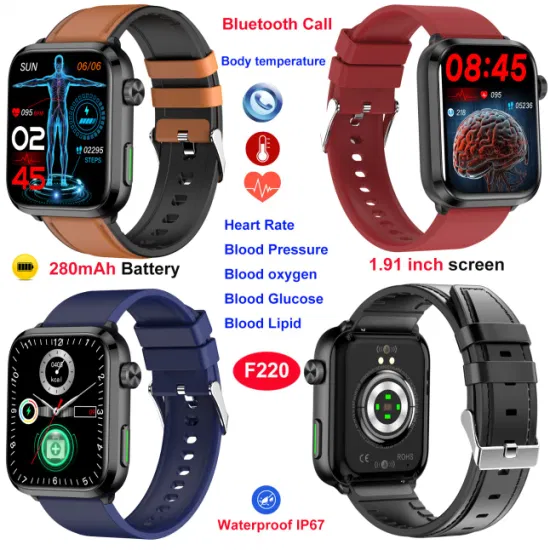 Fashion Design IP67 Waterproof Heart Rate Blood Pressure Body Temperature Monitoring Smart Watch with Bt Call F220