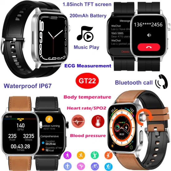 Fashion IP67 Waterproof PPG ECG BT Call Long Battery Life Smart Watch with Blood Pressure HR SPO2 Body Temperature GT22