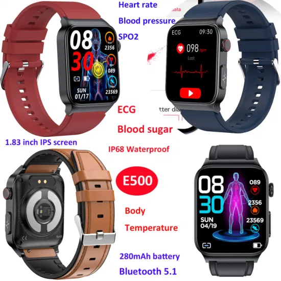 Fashion Wearable Device reloj inteligente 1.83 inch screen ECG Heart Rate Blood pressure Blood sugar Monitor Smart Watch E500