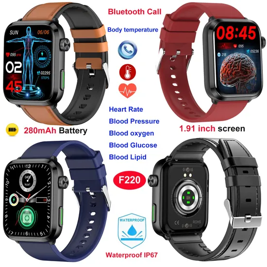 Good quality Heart Rate Blood Pressure Blood Oxygen Monitoring Blood Glucose Healthcare Smart bluetooth Watch F220