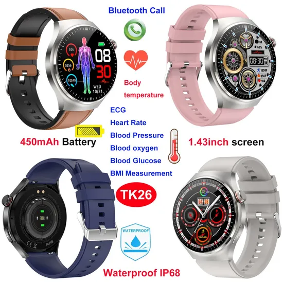 High quality Heart Rate Blood Pressure Blood Oxygen Body Temperature Monitoring Blood Glucose Healthcare ECG Smart bluetooth Watch TK26