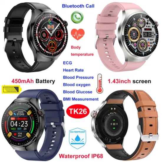 IP68 Waterproof Body Temperature Bt Call Men Women Unsex ECG Smart Sport Wristband with Heart Rate Blood Pressure SpO2 Monitoring TK26