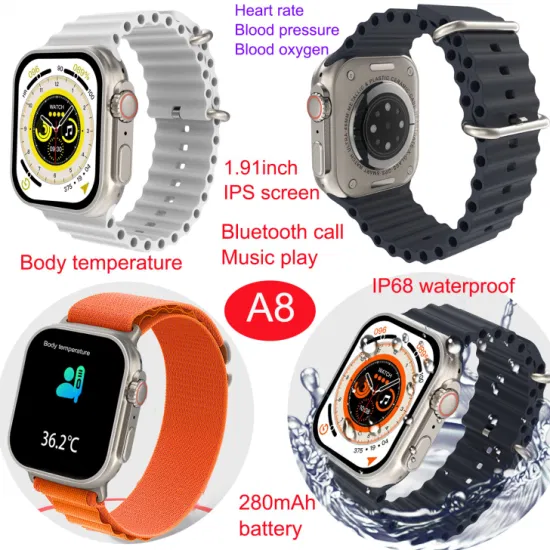 IP68 Waterproof Health Smart Bluetooth Bracelet with Heart Rate Blood pressure SPO2 Body temperature Monitoring for Adults A8