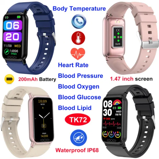 IP68 Waterproof Heart Rate Blood Pressure Blood Oyxgen Monitoring Smart WristBand with Body Temperature TK72