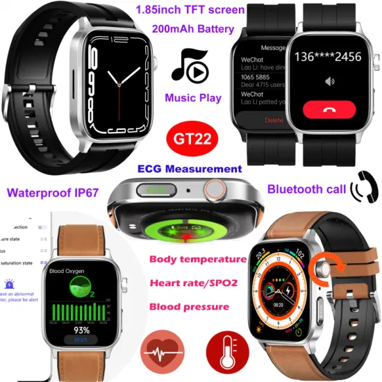 New 1.85 Inch Voice Call IP67 Waterproof ECG Smart Bluetooth Bracelet with Heart Rate BP Blood Oxygen Monitoring for Senior Healthcare GT22