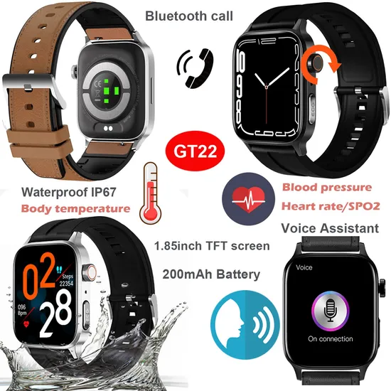 New Design Bluetooth Call 1.85 Inch PPG Heart Rate Blood Sugar Blood Pressure Thermometer Monitoring ECG IP67 Waterproof Smart BT Watch Bracelet GT22