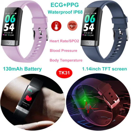 New Design Body Temperature Heart Rate Blood Glucose Monitoring ECG PPG Bluetooth Sport Fitness Smart Bracelet TK31