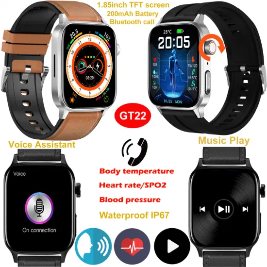 New Developed China Manufacture Smartwatch PPG ECG 1.85 Inch Bluetooth Call IP67 Water Resistance Bluetooth Smart Watch with HR BP Blood Oxygen Thermometer GT22