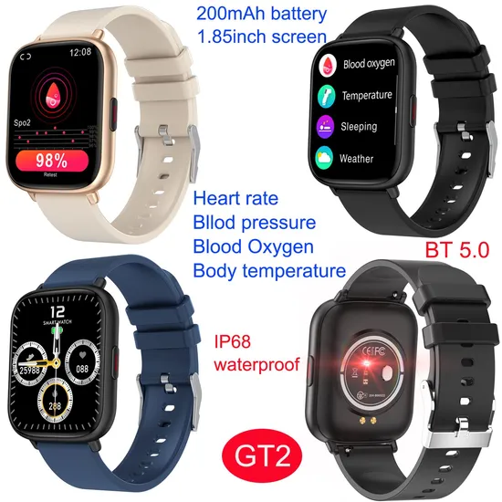 New design IP68 waterproof 1.85inch touch screen Smart Watch OEM Logo BT Heart Rate SPO2 blood pressure monitoring GT2