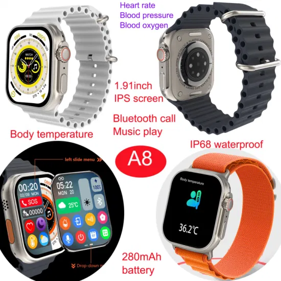 Reloj Inteligente BT Phone call music play Smart Watch with heart rate blood pressure SPO2 body temperature A8