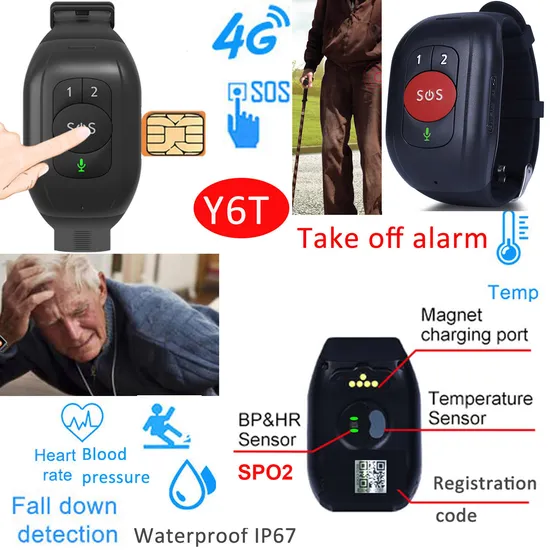 2024 4G LTE IP67 Waterproof Health Care Thermometer Senior Tracker GPS with Fall Down Alarm Heart Rate Removal Alert Y6T