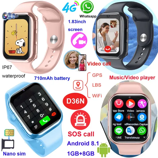 2024 China Factory LTE IP67 Waterproof Kids GPS Phone Watch with Geo-fence Setup for Parental Control D36N