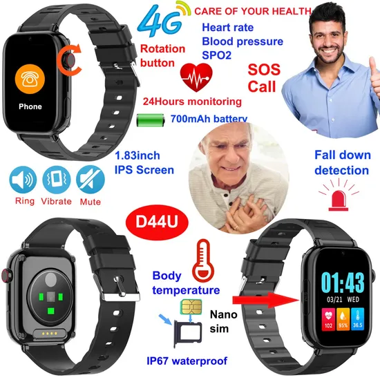 2024 Hot Selling LTE IP67 Waterproof Parents Smart Watch 4G GPS with Health Monitor for Father′s Day D44U