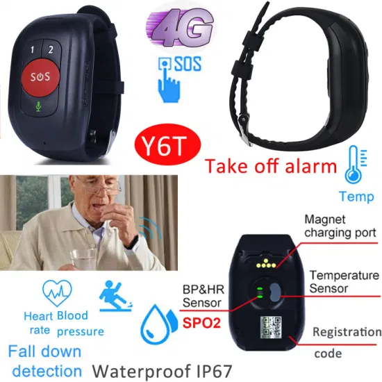 2024 Latest IP67 Waterproof 4G LTE Thermometer Safety GPS Bracelet Tracker with Heart Rate Blood Pressure Take off Alarm Y6T