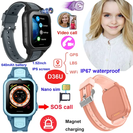 2024 New Design LTE IP67 Waterproof Accuracy Smart Trakcer Watch with HD Camera for Two Ways Video Call D36U