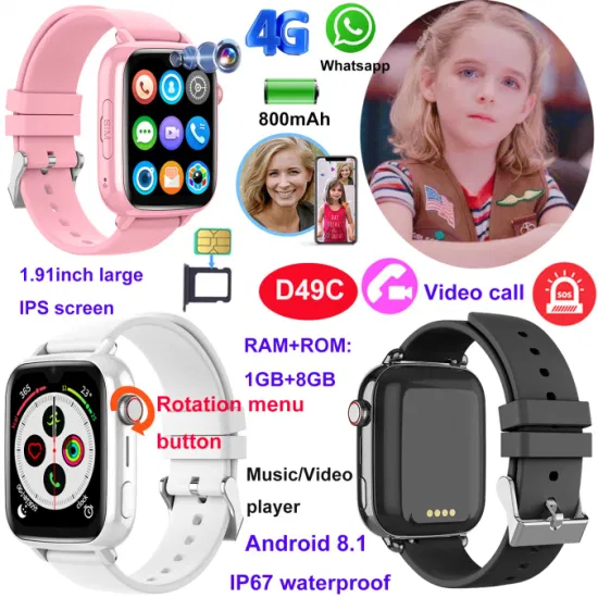 2024 New Launched LTE IP67 Waterproof Kids GPS Smart Watch with Voice and Video Call for Real Time Communication D49C