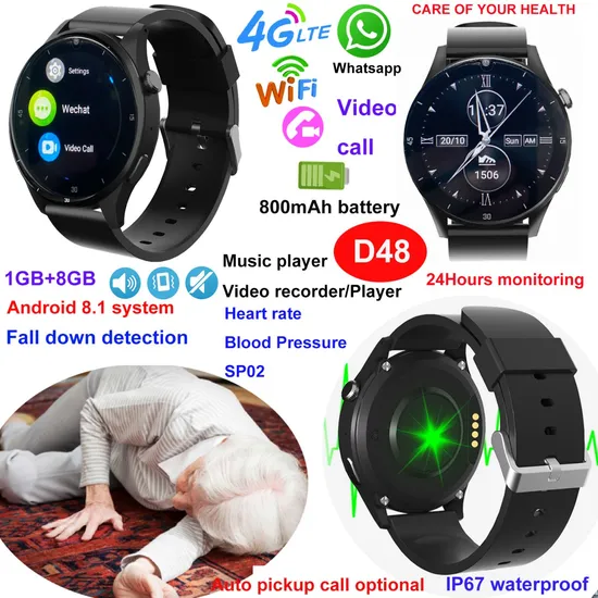 4G Elderly parents fall down alert Smart Watch GPS Tracker with heart rate blood pressure D48