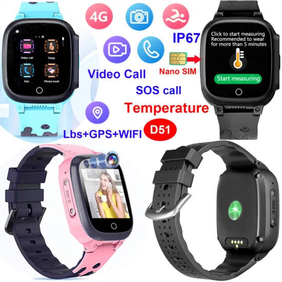 4G IP67 Waterproof China manufacturer mini Thermometer Safety Smart Kids Watch GPS Tracker with Body Temperature Video Call D51