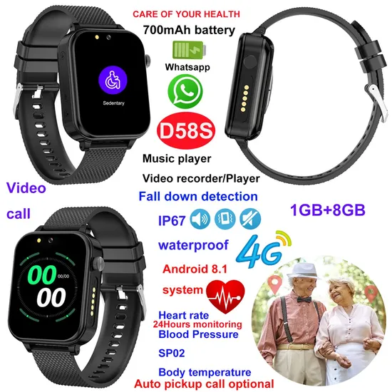 4G IP67 Waterproof Heart Rate Blood Pressure safety Senior GPS Tracker Watch with Fall Down Sensitivity Adjustable D58S