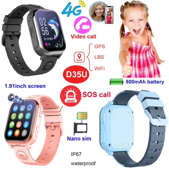 4G IP67 Waterproof Safety Video Call wearable Smart Kids GPS tracker Watch with GEO-Fence alert D35U