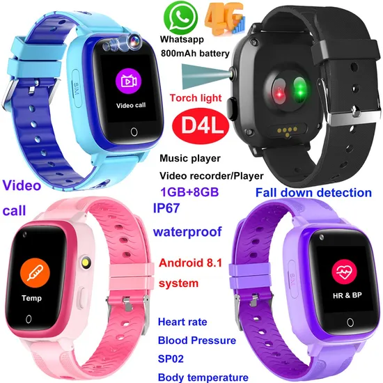 4G IP67 Waterproof Thermometer Tracker Watch GPS with Video Call Fall Down Detection for Health Monitor D4L