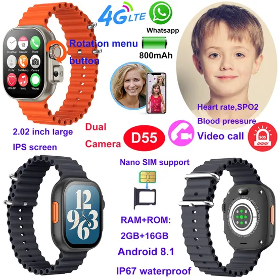 4G IP67 waterproof security kids children security GPS watch phone with heart rate blood pressure D55