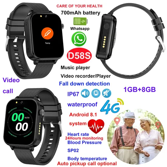 4G LTE IP67 Waterproof Fall Alarm Alert Senior GPS Tracker Smart Watch with Heart Rate Blood Pressure D58S