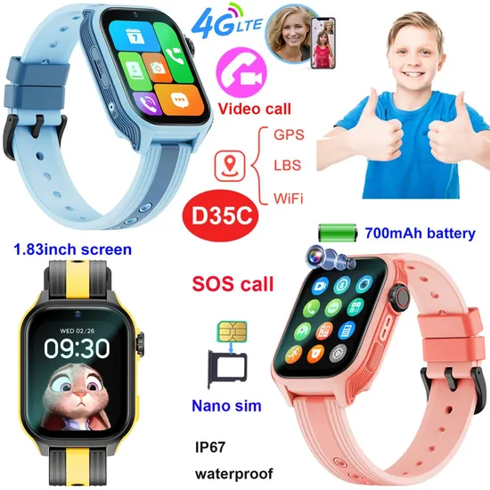 4G New IP67 waterproof large Edgeless IPS screen Kids GPS tracker watch with video call for parental safety monitoring D35C