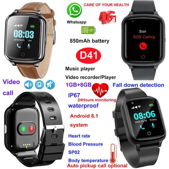 Android 4G IP67 water resistance fall down alert senior health care Personal GPS Watch tracker Phone with video call HR BP Body temperature D41