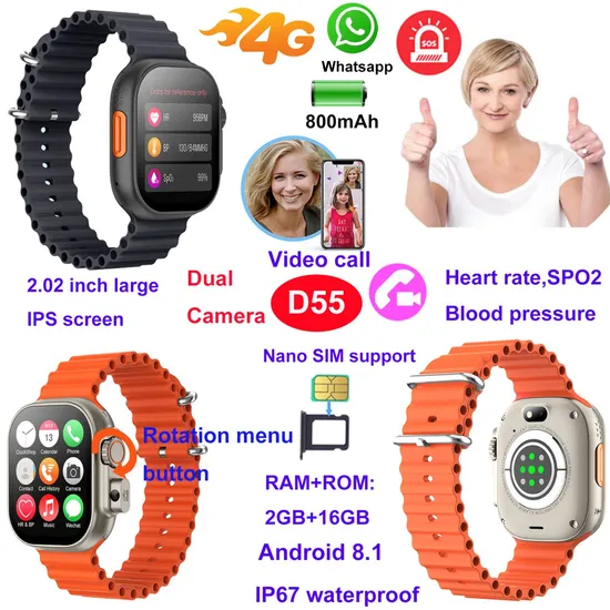 Best Birthday gift China manufacture 4G IP67 waterproof GPS tracker watch with HR blood pressure D55