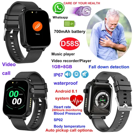 China Factory 4G IP67 Water Resistance Elderly Fall Alarm Smart GPS Watch Tracker with Heart Rate Blood pressure D58S