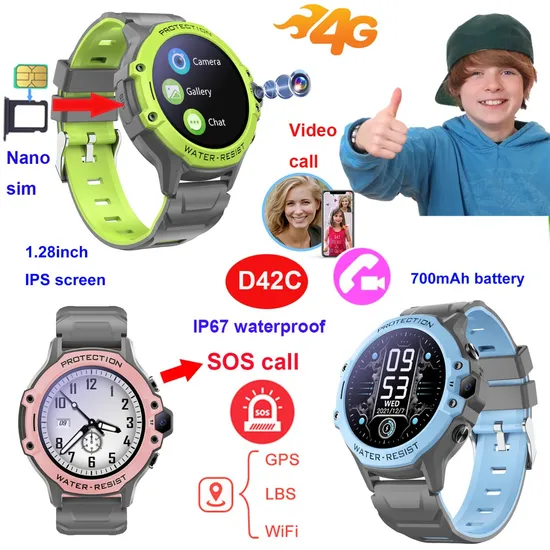 China Factory 4G LTE Student Child kid girl boy safety Smart GPS Tracker Watch with video call Listen-in feature for security emergency help D42C