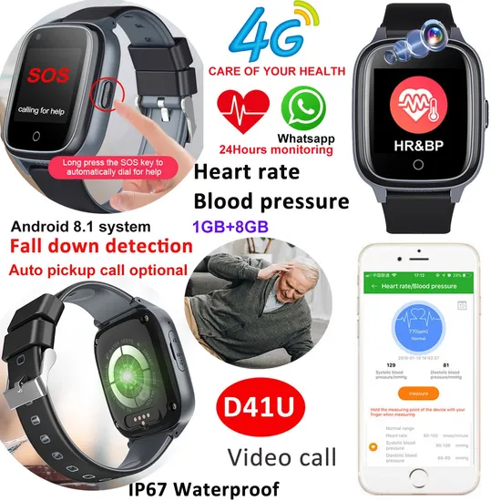 China Factory LTE IP67 Waterproof HR Blood Pressure SpO2 Monitor Senior Fall Down GPS Alert Smart Watch Tracker for Alzheimer Disease D41U