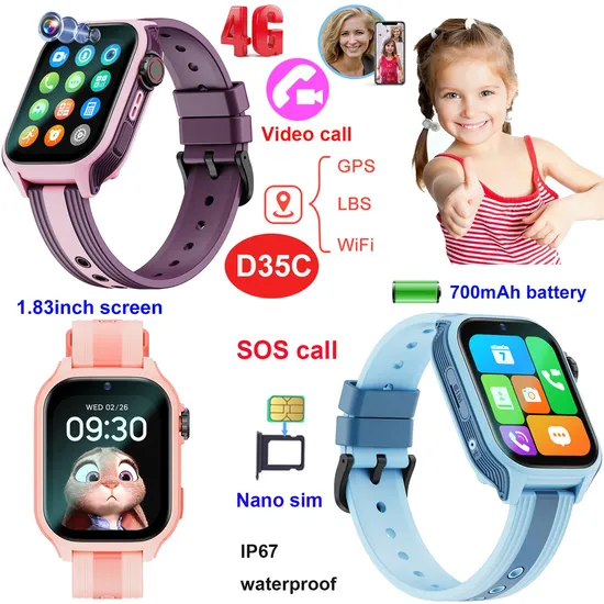 China Factory Newest 4G IP67 waterproof Slim Design Kids GPS Watch with SOS video call for Personal security D35C