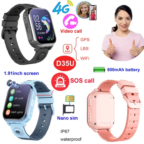 China Manufacture 4G IP67 Waterproof Child Safety Video Call Smart Gift Watch Kids GPS Tracker Cell Phone for avoid abducting D35U