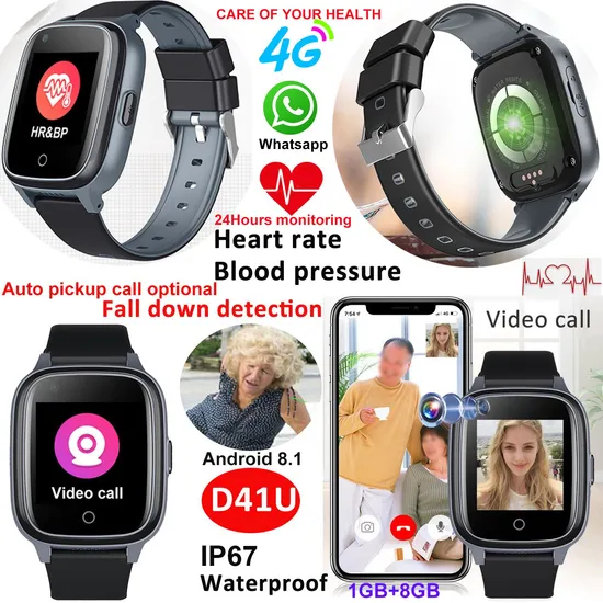 China Manufacture IP67 Waterproof 4G Video Call Adult Senior Smart Tracker GPS with Heart Rate Blood Pressure for Health Monitor D41U