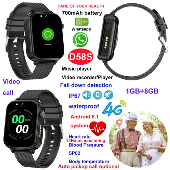 China factory 4G IP67 Waterproof Senior Healthcare Tracker safety Smart Watch GPS with Fall Down Alarm Body temperature D58S